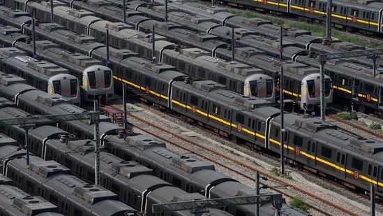 Delhi Metro Trains parked at Timarpur yard during a Covid-19 induced lockdown, in New Delhi, India, on Monday, May 10, 2021. (Photo by Sanjeev Verma/ Hindustan Times) Delhi Metro Trains parked at Timarpur yard during a Covid-19 induced lockdown, in New Delhi, India, on Monday, May 10, 2021. (Photo by Sanjeev Verma/ Hindustan Times)