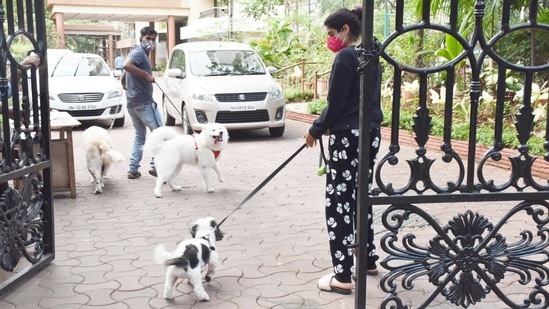 She completed her casual look with a pair of slides and a red face mask. Khushi topped it off by tying her hair in a top bun.(Varinder Chawla)