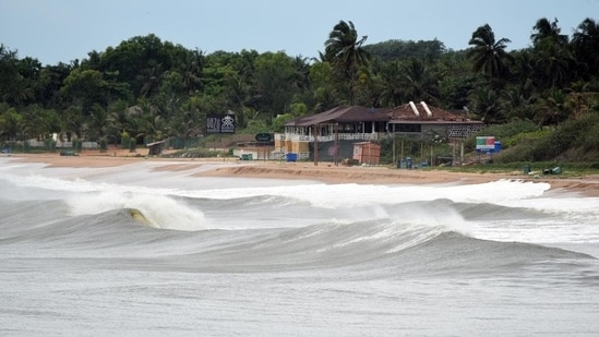 Goa: Large waves seen hitting the coast on the bank of the Arabian sea at Aguada due to Cyclone 'Tauktae.(ANI Photo)