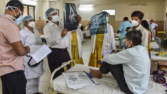 Doctors treat a black fungus-infected patient at the mucormycosis ward of the government ENT hospital in Hyderabad,(PTI)