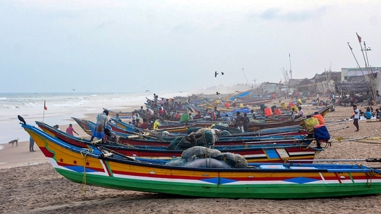 Boats anchored at a beach in Puri, on Saturday as Cyclone Yaas approaches.(PTI Photo)