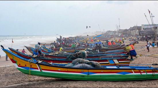 Boats anchored at a beach in Puri onSaturday. Cyclone Yaas is likely to intensify into a very severe cyclonic storm and cross the Odisha and the West Bengal coasts on May 26. (PTI PHOTO.) Boats anchored at a beach in Puri onSaturday. Cyclone Yaas is likely to intensify into a very severe cyclonic storm and cross the Odisha and the West Bengal coasts on May 26. (PTI PHOTO.)