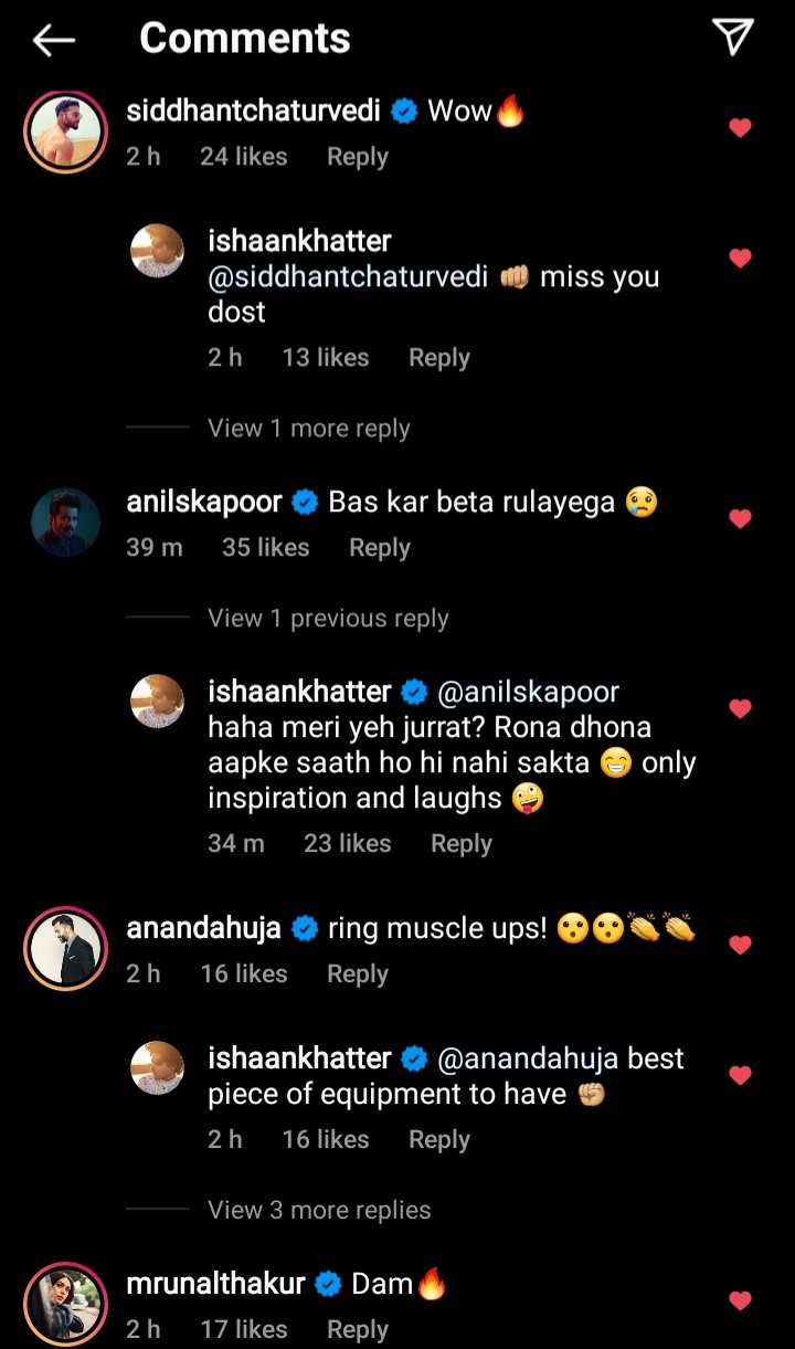 Siddhant Chaturvedi, Anil Kapoor, Anand Ahuja and Mrunal Thakur's comments on Ishaan Khatter's video(Instagram/ishaankhatter) Siddhant Chaturvedi, Anil Kapoor, Anand Ahuja and Mrunal Thakur's comments on Ishaan Khatter's video(Instagram/ishaankhatter)