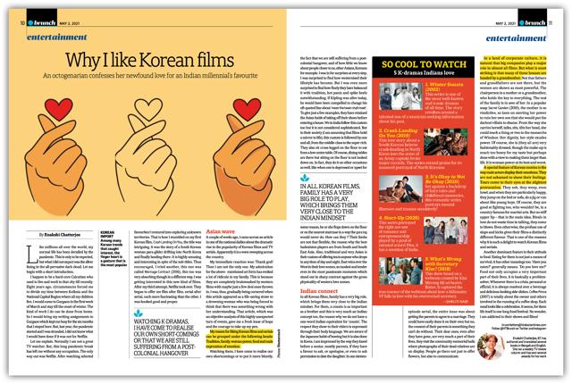 The ‘Why I like Korean films’ story by Enakshi Chatterjee, 87, appeared in the HT Brunch edition dated May 2, 2021 The ‘Why I like Korean films’ story by Enakshi Chatterjee, 87, appeared in the HT Brunch edition dated May 2, 2021