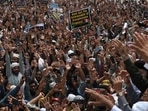 Supporters of Tehreek-e-Labbaik Pakistan (TLP) party shout slogans during a protest after their leader was detained following his calls for the expulsion of the French ambassador, in Lahore. (AFP) Supporters of Tehreek-e-Labbaik Pakistan (TLP) party shout slogans during a protest after their leader was detained following his calls for the expulsion of the French ambassador, in Lahore. (AFP)