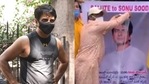 Sonu Sood's fans in Andhra Pradesh pour milk on a banner featuring his face. 