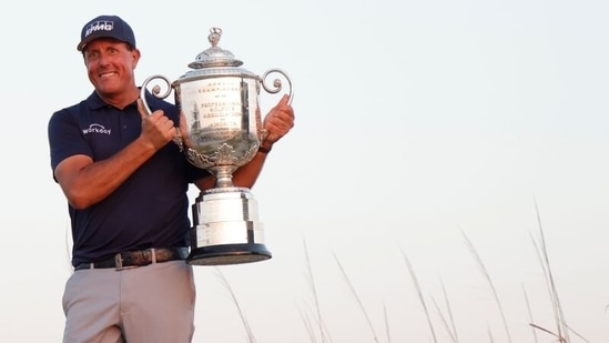 Phil Mickelson poses for a portrait with the Wanamaker Trophy after winning the PGA Championship golf tournament.(USA TODAY Sports)