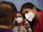 An eye doctor checks Covid patients for Mucormycosis or Black Fungus symptoms at NMMC Hospital, Vashi in Navi Mumbai, India, on Tuesday, May 25, 2021. (Photo by Bachchan Kumar/ HT PHOTO)
