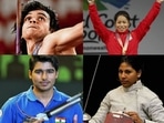 Neeraj Chopra (top right), Mirabai Chanu (top left), Saurabh Chaudhary (bottom left), and CA Bhavani Devi. (File Photos)(HT Collage) Neeraj Chopra (top right), Mirabai Chanu (top left), Saurabh Chaudhary (bottom left), and CA Bhavani Devi. (File Photos)(HT Collage)