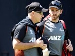 New Zealand's Kane Williamson and head coach Gary Stead during nets