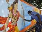 An artist painting Lord Ram on the wall of Karsevak Puram as preparation for the Bhoomi Poojan of Ram Mandir in Ayodhya. (HT Photo/ Deepak Gupta) An artist painting Lord Ram on the wall of Karsevak Puram as preparation for the Bhoomi Poojan of Ram Mandir in Ayodhya. (HT Photo/ Deepak Gupta)