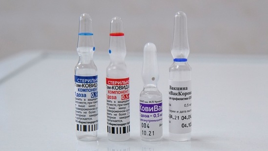 A view shows vials containing Russian-made vaccines against the coronavirus disease (Covid-19) during a demonstration at a regional clinical medical and rehabilitation centre in Tver, Russia.