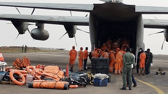 An Indian Air Force plane transports NDRF personnel to Odisha to help prepare for relief and rescue as Cyclone Yaas approaches.(ANI Photo)