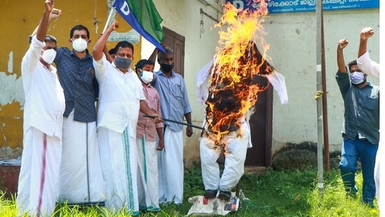 LJD activists burn an effigy of Lakshadweep Administrator Praful Patel to protest against policy changes announced by him, in Kozhikode, Tuesday, May 25, 2021. (PTI) LJD activists burn an effigy of Lakshadweep Administrator Praful Patel to protest against policy changes announced by him, in Kozhikode, Tuesday, May 25, 2021. (PTI)