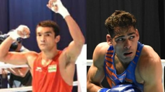 Shiva Thapa (left) celebrates after winning his bout, while Mohammed Hussamuddin bowed out. (HT Collage) Shiva Thapa (left) celebrates after winning his bout, while Mohammed Hussamuddin bowed out. (HT Collage)