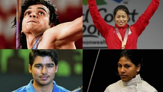 Neeraj Chopra (top right), Mirabai Chanu (top left), Saurabh Chaudhary (bottom left), and CA Bhavani Devi. (File Photos)(HT Collage) Neeraj Chopra (top right), Mirabai Chanu (top left), Saurabh Chaudhary (bottom left), and CA Bhavani Devi. (File Photos)(HT Collage)