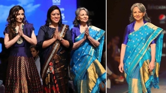 Veteran actor Sharmila Tagore looked ethereal in a shaded blue Mekhela Chador in designer Sanjukta's show held in 2019. (Instagram/sanjukta_dutta_)