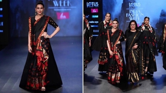 Karisma Kapoor looked like an angel in disguise in this traditional black drape by famous designer Sanjukta Dutta. She wore this at the Lotus Make-up India Fashion Week in New Delhi back in 2019. (Instagram/sanjukta_dutta_)