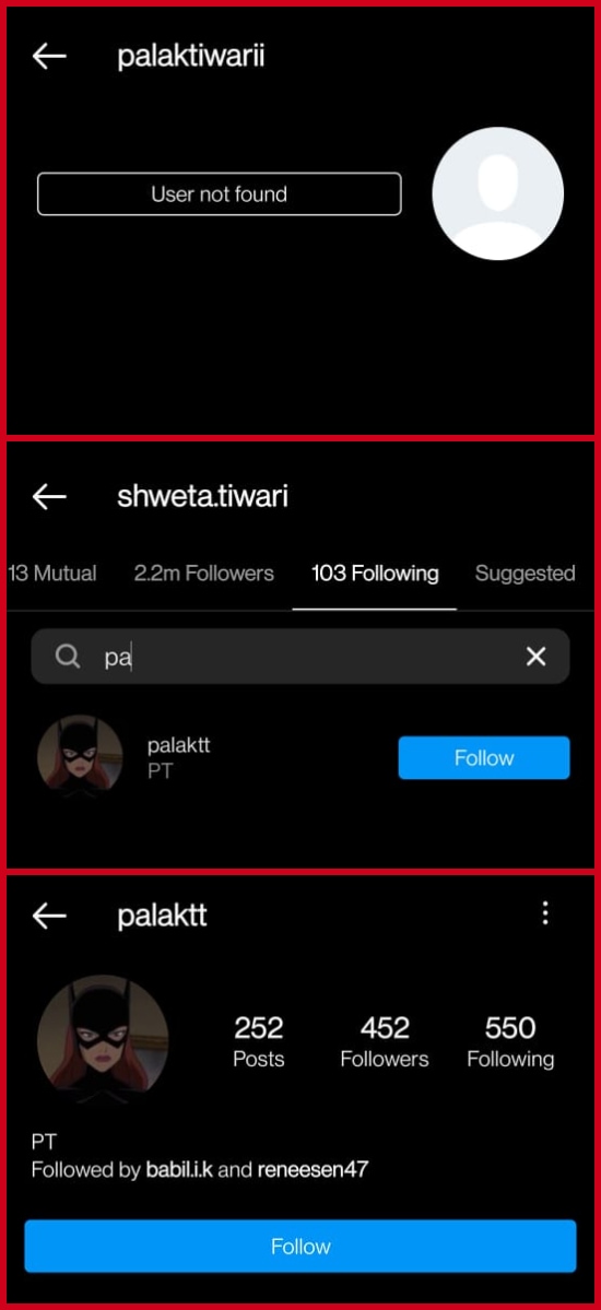 Palak Tiwari seems to be using an alternate account.