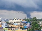 A tornado is seen approaching as Cyclone Yaas moves inland, in West Bengal's Naihati.
