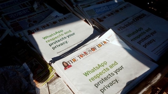 A WhatsApp advertisement is seen on the front pages of newspapers at a stall in Mumbai, India. (Reuters)