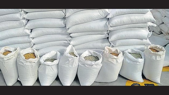 Customs officials from Inland Container Depot, Hind Terminals Private Limited (HTPL), while examining the goods imported by Resham General Trading, Ludhiana, found the peas concealed behind bags of bamboo beans (HT Photo)