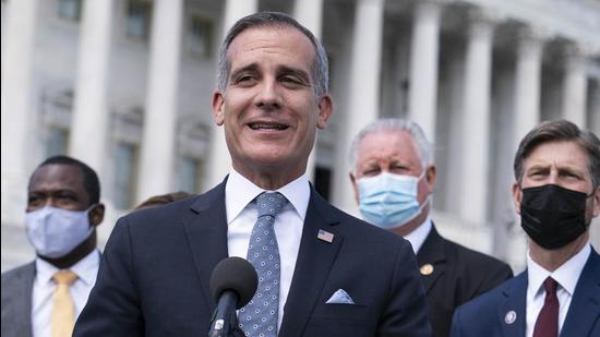 Eric Garcetti, mayor of Los Angeles, speaks during a news conference outside the US Capitol in Washington, D.C., on May 12, 2021. (Bloomberg) Eric Garcetti, mayor of Los Angeles, speaks during a news conference outside the US Capitol in Washington, D.C., on May 12, 2021. (Bloomberg)