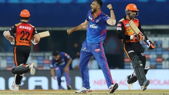 Axar Patel during the Super Over against SRH in IPL 2021 match no. 20(IPL)