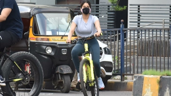 Janhvi Kapoor spotted cycling in Mumbai on Tuesday.(Varinder Chawla)