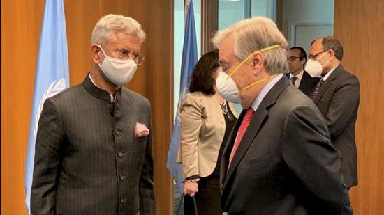 India’s External Affairs Minister S Jaishankar meets UN Secretary-General Antonio Guterres in New York, on Tuesday. (PTI) India’s External Affairs Minister S Jaishankar meets UN Secretary-General Antonio Guterres in New York, on Tuesday. (PTI)
