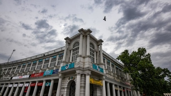 Dense clouds on an overcast day at Connaught Place in New Delhi on Tuesday. (Amal KS/HT PHOTO) Dense clouds on an overcast day at Connaught Place in New Delhi on Tuesday. (Amal KS/HT PHOTO)
