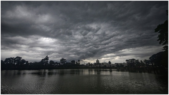 Storm clouds hovered over the Royal Palace ahead of cyclone Yaas in Agartala on Tuesday.(PTI)