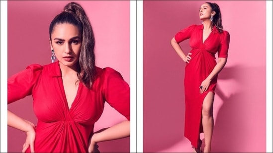 Huma Qureshi's red shirt dress with thigh-high slit is a hot