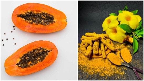 Papaya and turmeric: Take a slice of papaya, cut it into small pieces and mash them till it turns into a paste. Add half a tablespoon of turmeric to it and mix well. Massage the mixture on your skin and let it sit for 15-20 minutes before washing it with lukewarm water. To see best results, use it twice a week. (Unsplash)