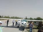 The private trainer aircraft parked on Yamuna Expressway within limits of Naujheel police station of Mathura district The private trainer aircraft parked on Yamuna Expressway within limits of Naujheel police station of Mathura district