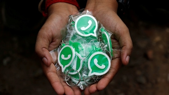 Key chains with the logo of WhatsApp, Kolkata. In its petition before the high court on the IT rules, WhatsApp has claimed that the new set of guidelines is “unconstitutional”.(REUTERS)
