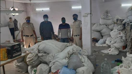 The seized medical waste was sealed in the godown itself keeping in view the risk it posed during the Covid-19 pandemic. (Photo Sourced from Delhi Police) The seized medical waste was sealed in the godown itself keeping in view the risk it posed during the Covid-19 pandemic. (Photo Sourced from Delhi Police)