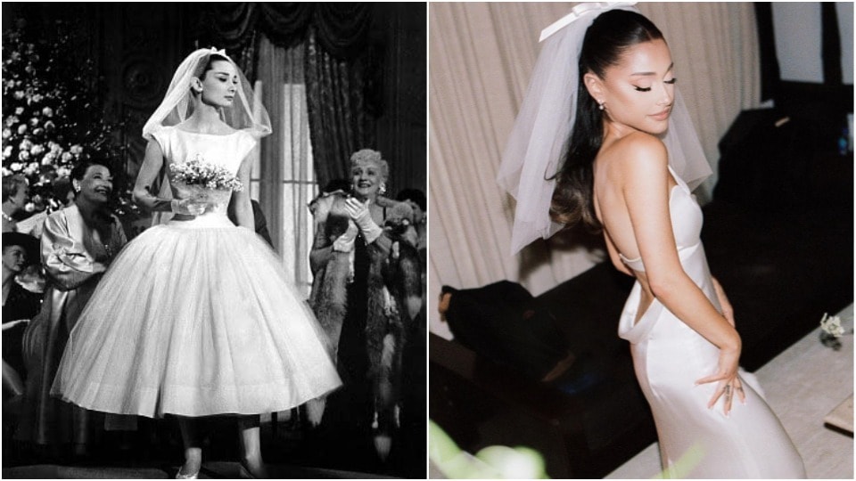 Audrey Hepburn and Ariana Grande in wedding dresses(Instagram/arianagrande and IMDB)