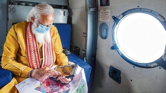 PM Modi on an aerial tour of the cyclone-hit areas on Friday.