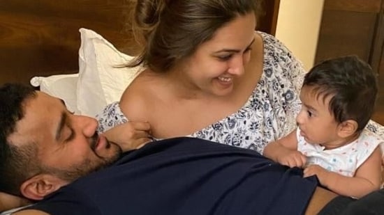 Anita Hassanandani with husband Rohit Reddy and son Aaravv.