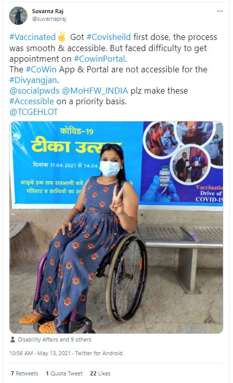 The tweet that Suvarna Raj uploaded after getting vaccinated. The tweet that Suvarna Raj uploaded after getting vaccinated.