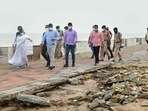 Chief minister Mamata Banerjee inspects areas damaged after Cyclone Yaas, in Digha.(PTI) Chief minister Mamata Banerjee inspects areas damaged after Cyclone Yaas, in Digha.(PTI)