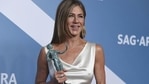 Jennifer Aniston poses in the press room with the award for outstanding performance by a female actor in a drama series for "The Morning Show" at the 26th annual Screen Actors Guild Awards.(AP)