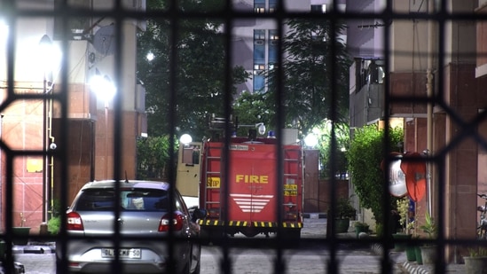 A fireman truck seen inside Saket Court Residential Complex after a fire broke out in the premises, in New Delhi, India, on Saturday, May 29, 2021. (HT Photo) A fireman truck seen inside Saket Court Residential Complex after a fire broke out in the premises, in New Delhi, India, on Saturday, May 29, 2021. (HT Photo)
