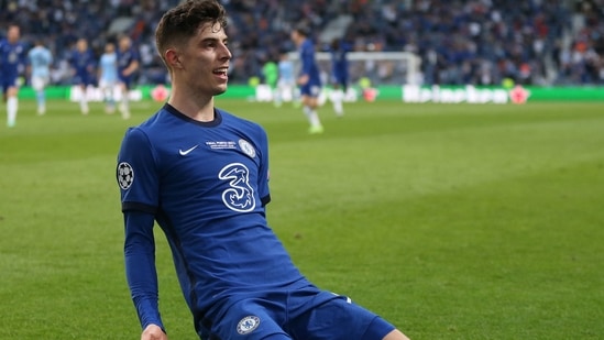 Chelsea's German midfielder Kai Havertz celebrates after scoring the winning goal during the UEFA Champions League final football match between Manchester City and Chelsea FC at the Dragao stadium in Porto.