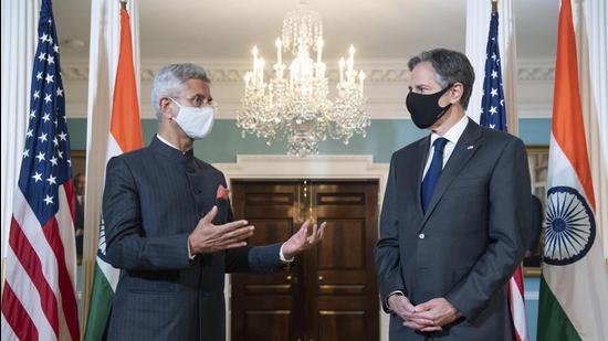 Indian external affairs minister S Jaishankar with US secretary of state Antony Blinken at the state department in Washington, on Friday. (AP)