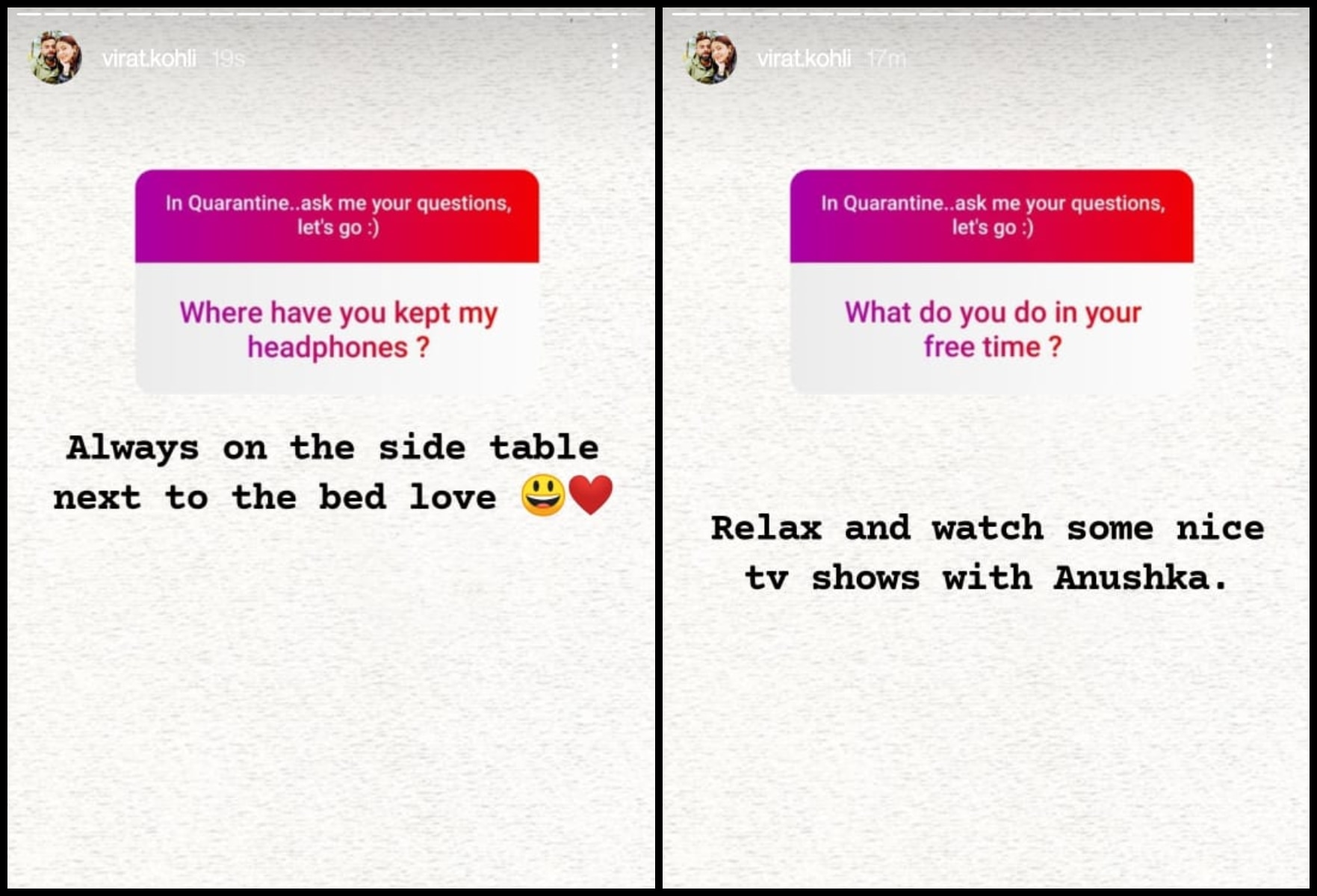 Virat Kohli on Instagram Stories. Virat Kohli on Instagram Stories.