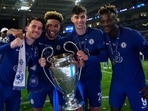 From left to right, Ben Chilwell, Chelsea's Reece James, Chelsea's Kai Havertz, and Chelsea's Tammy Abraham celebrate with the trophy after winning the Champions League final soccer match between Manchester City and Chelsea at the Dragao Stadium in Porto.(AP)