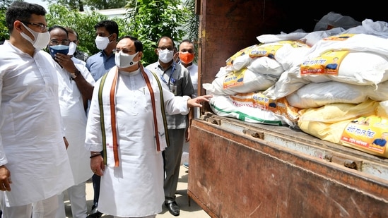 BJP president JP Nadda inspects a truck with Covid relief material meant for the needy, in New Delhi on Sunday. (ANI Photo) BJP president JP Nadda inspects a truck with Covid relief material meant for the needy, in New Delhi on Sunday. (ANI Photo)