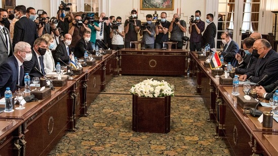 Egypt's Foreign Minister Sameh Shoukry (R) meets with Israel's Foreign Minister Gabi Ashkenazi (2nd-L) and his accompanying delegation at Tahrir Palace in the centre of the capital Cairo. (AFP) Egypt's Foreign Minister Sameh Shoukry (R) meets with Israel's Foreign Minister Gabi Ashkenazi (2nd-L) and his accompanying delegation at Tahrir Palace in the centre of the capital Cairo. (AFP)